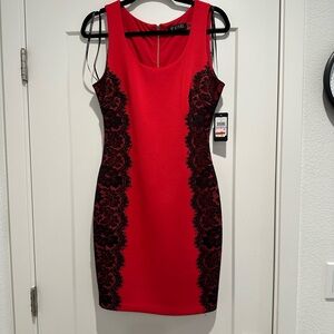 Guess Scuba red black lace body contour mini dress